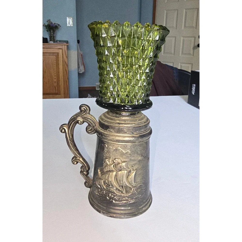 Vintage Nautical Ship Metal Stein  Hobnail Glass Topper Decorative candle holder